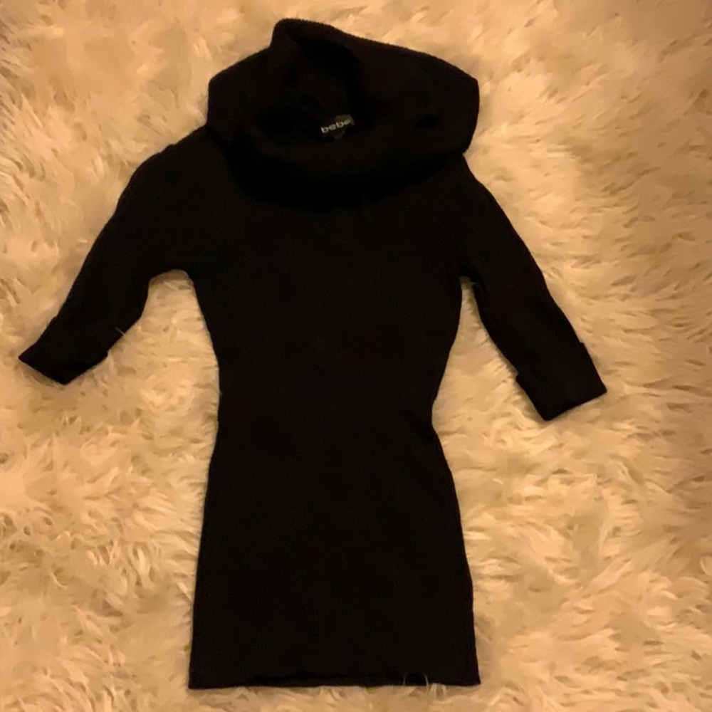 BeBe Black Cowl Neck Mid- Sleeve Top, textured, ribbed